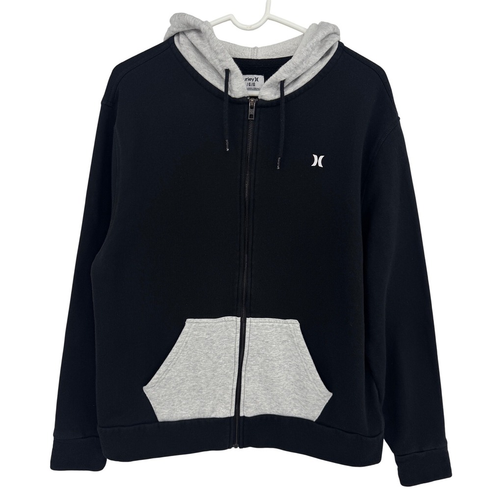 Hurley Mens Full Zip Hoodie Black Grey Palm Tree Graphic Fleece Sweatshirt L
